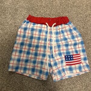 Boy’s preppy Red & Blue Plaid Swim Shorts with American Flag embroidery Size 6